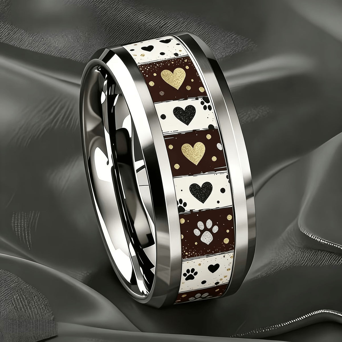 Striped Heart & Paw Print Ring