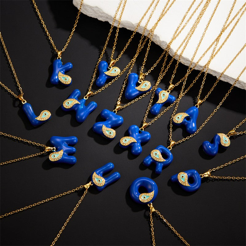 Blue Initial Evil Eye Necklace