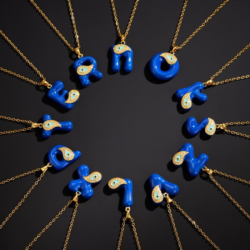 Blue Initial Evil Eye Necklace