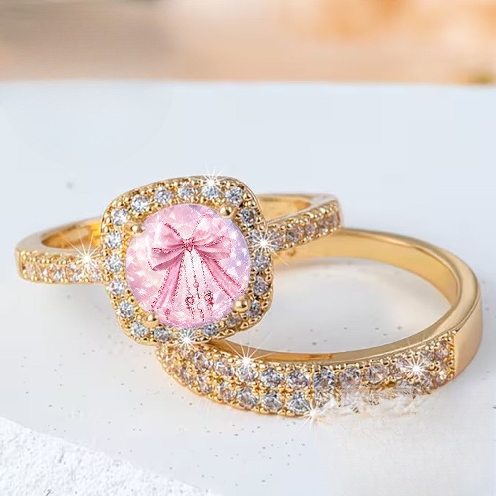 Pink Bow Crystal Ring Set