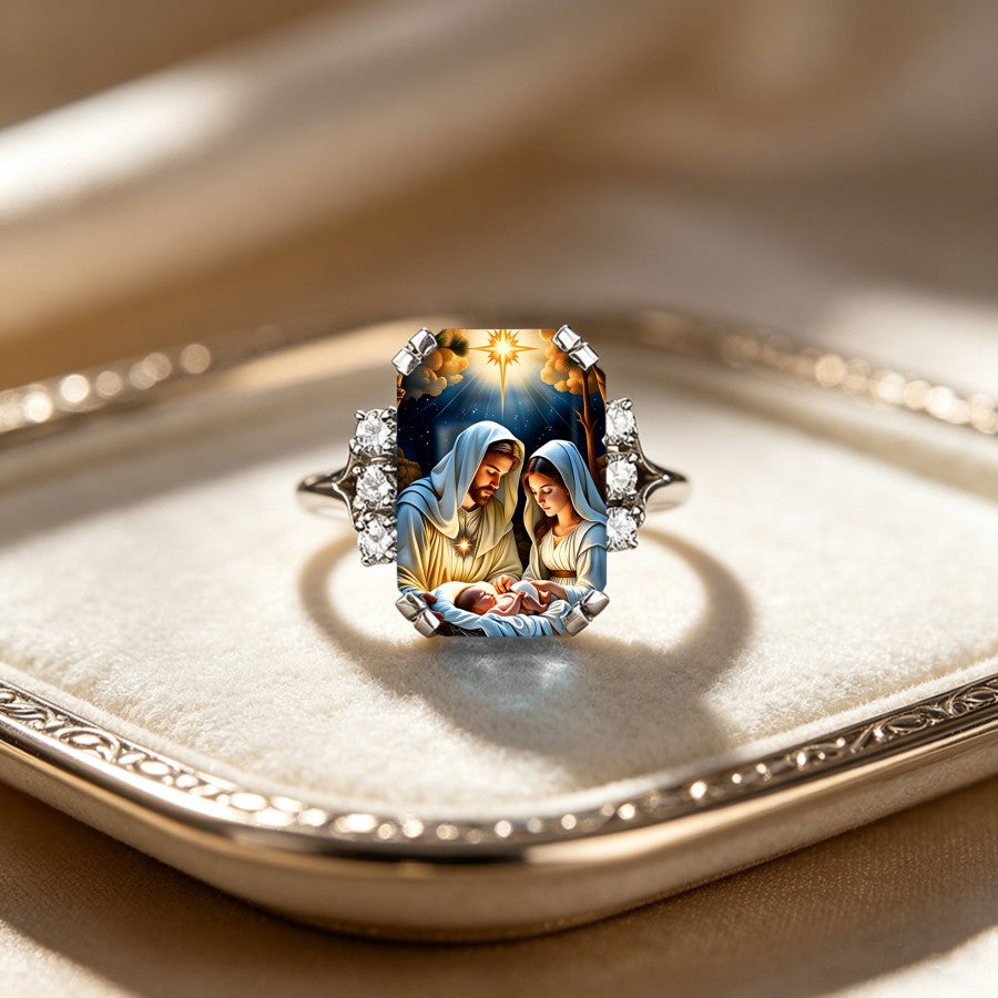 Nativity Scene Glass Inlay Ring