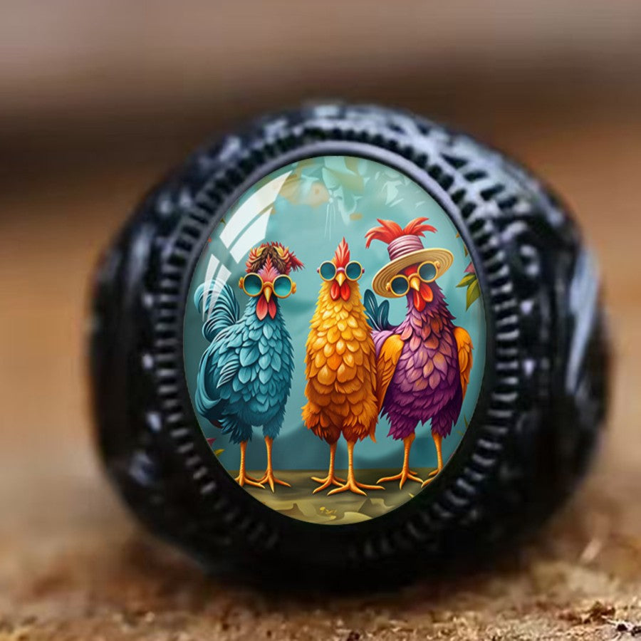 Colorful Rooster Glass Dome Ring