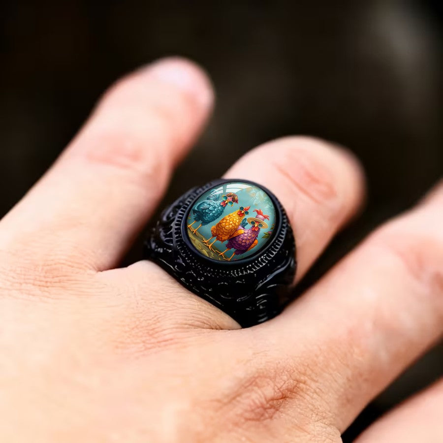 Colorful Rooster Glass Dome Ring