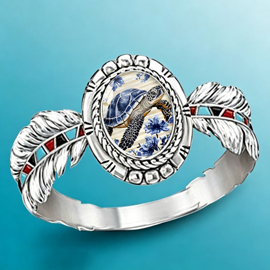 Sea Turtle & Feather Oval Ring