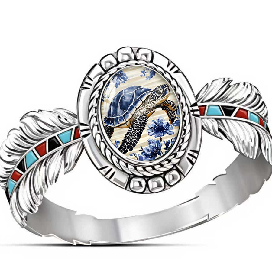 Sea Turtle & Feather Oval Ring