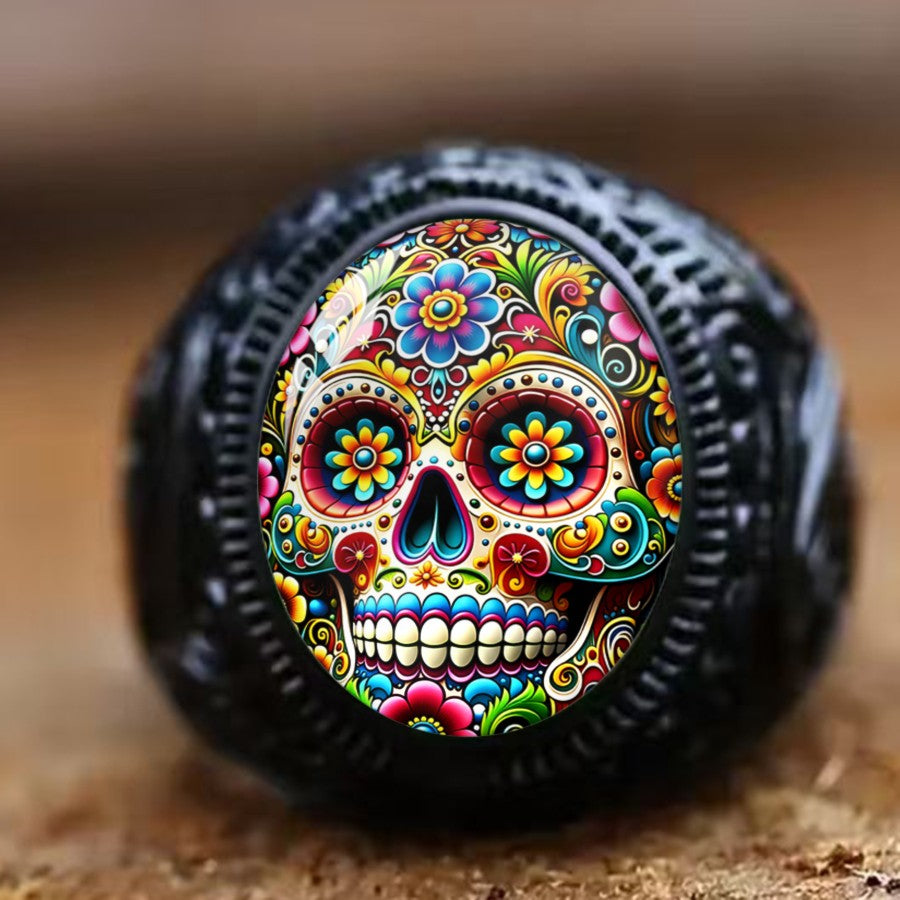 Colorful Floral Skull Oval Ring