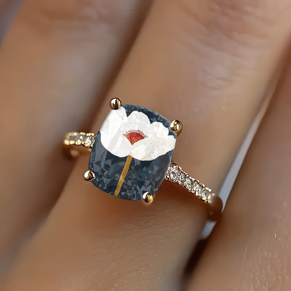 White Flower Square Statement Ring