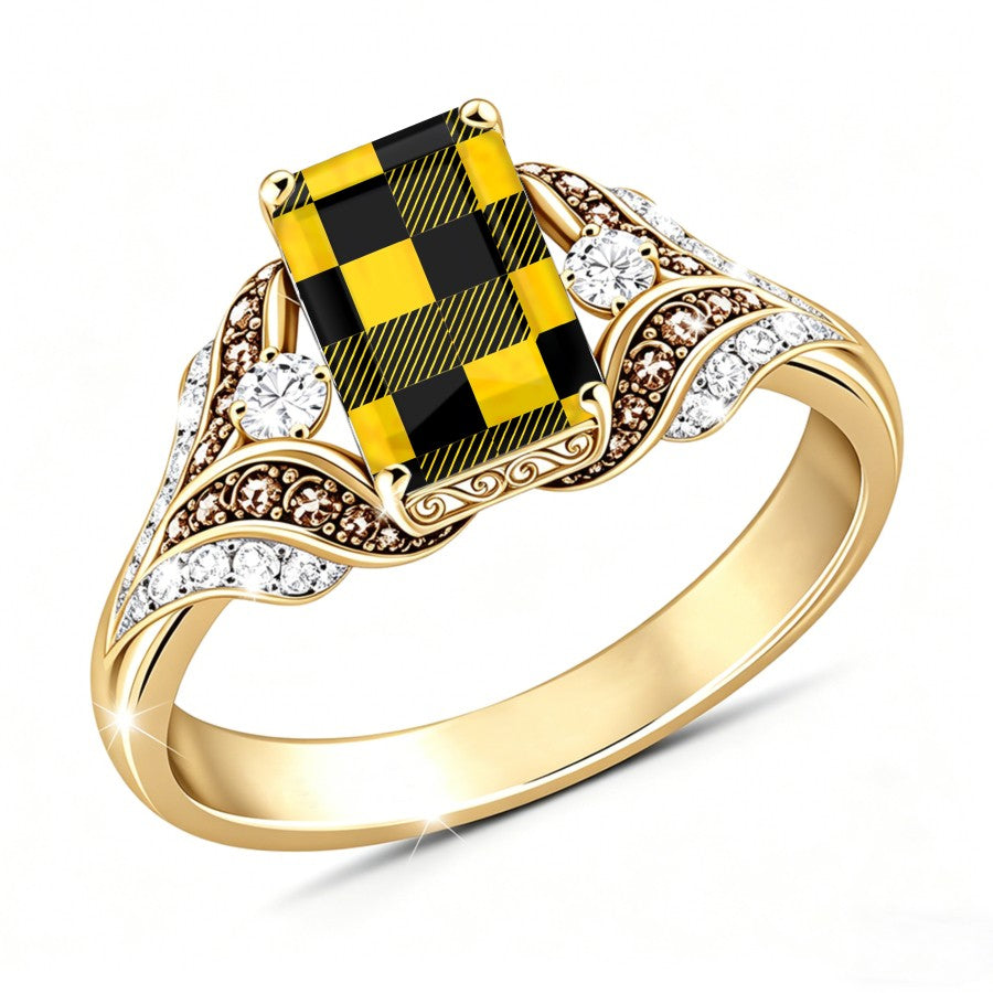 Yellow Checkerboard Square Ring