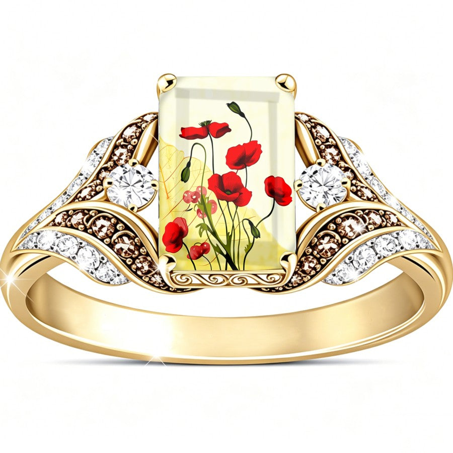 Red Poppy Glass Square Ring