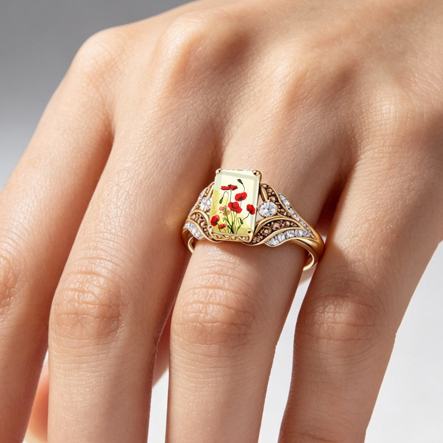 Red Poppy Glass Square Ring