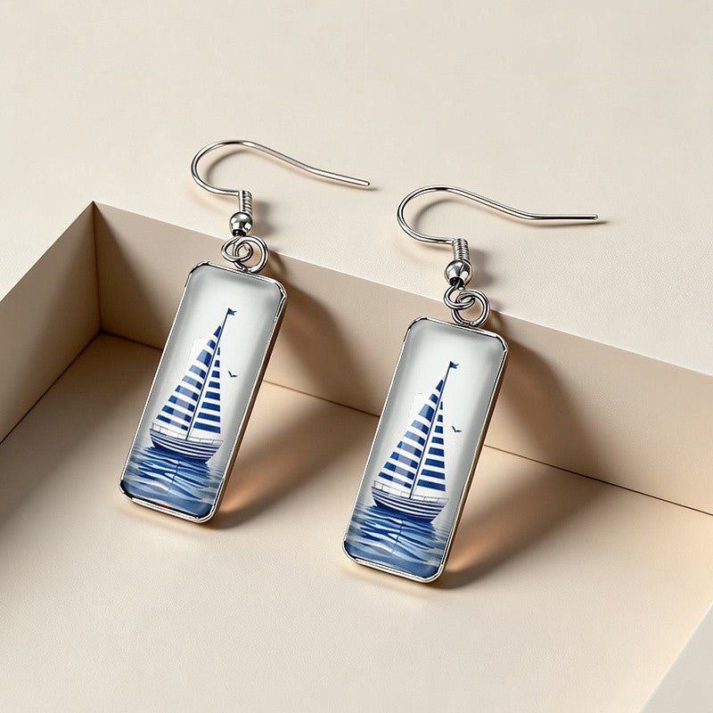 Striped Sailboat Rectangle Earrings
