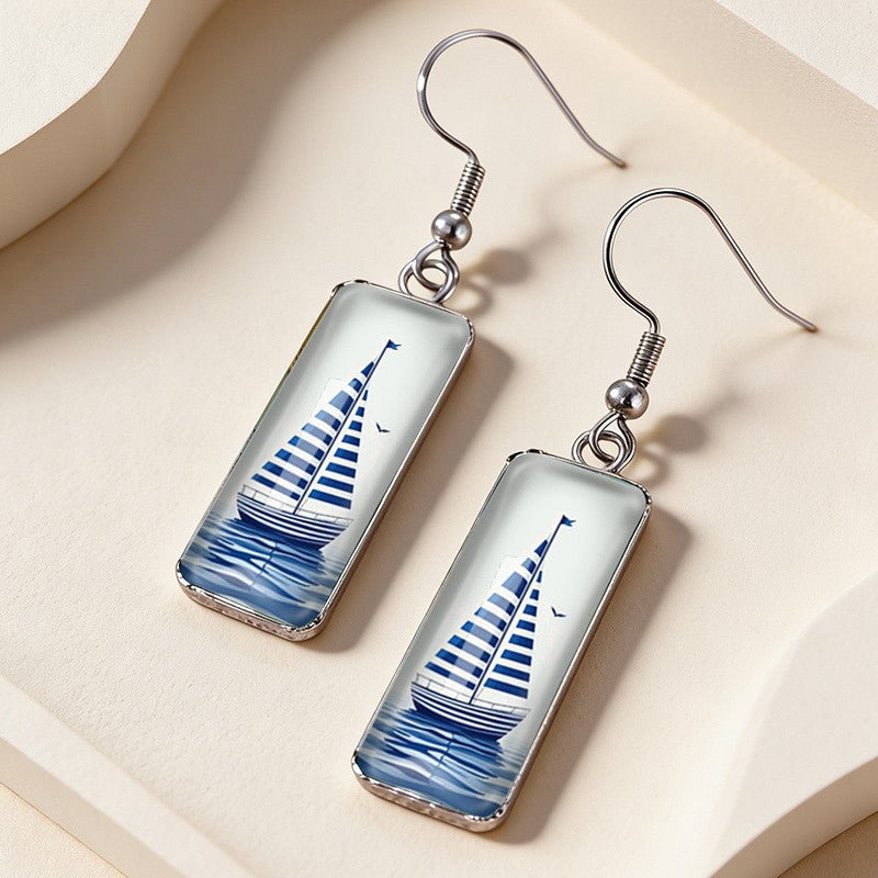 Striped Sailboat Rectangle Earrings
