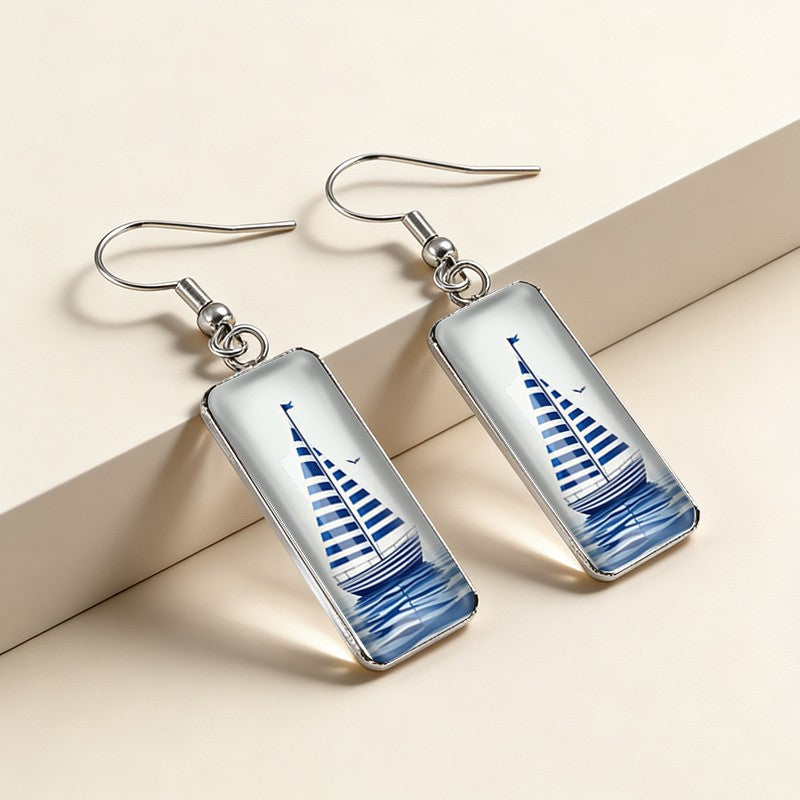 Striped Sailboat Rectangle Earrings