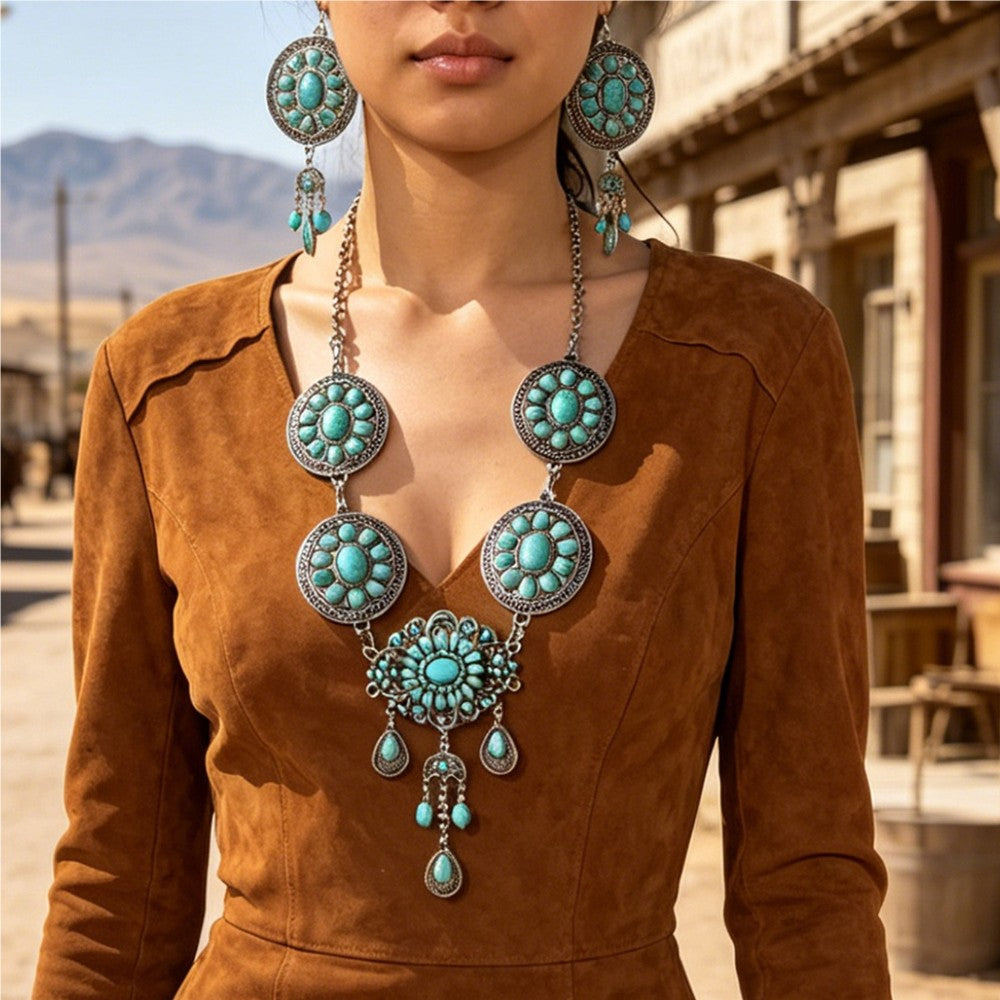 Turquoise Medallion Tiered Necklace Set