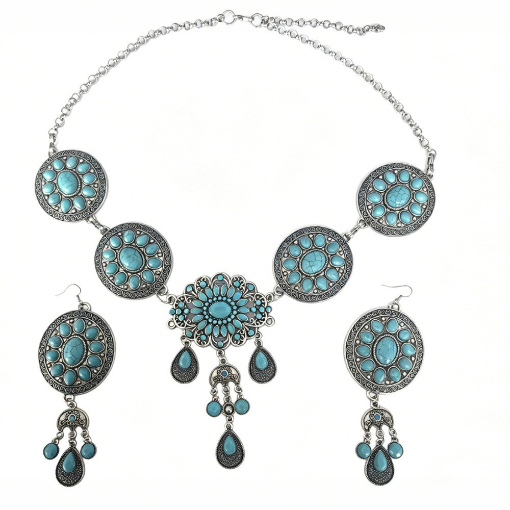 Turquoise Medallion Tiered Necklace Set