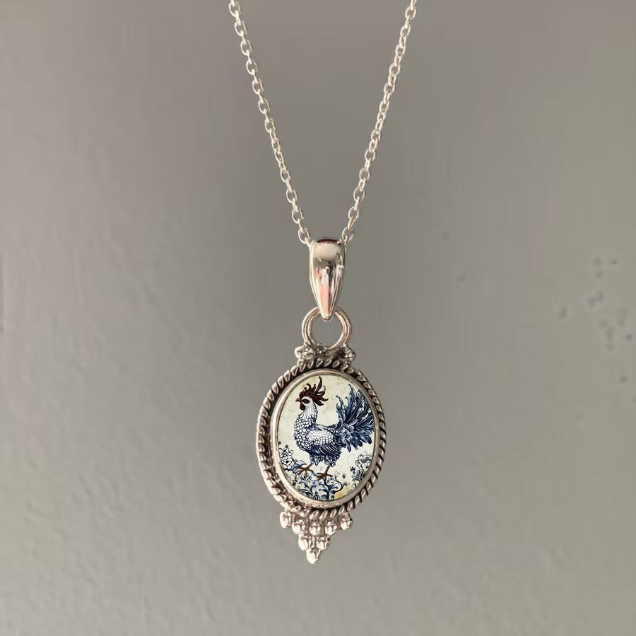 Blue Rooster Porcelain Oval Pendant Necklace
