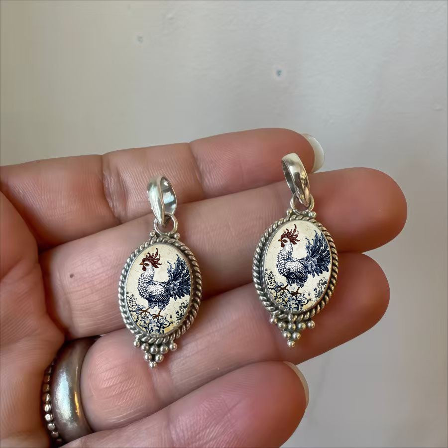 Blue Rooster Porcelain Oval Pendant Necklace