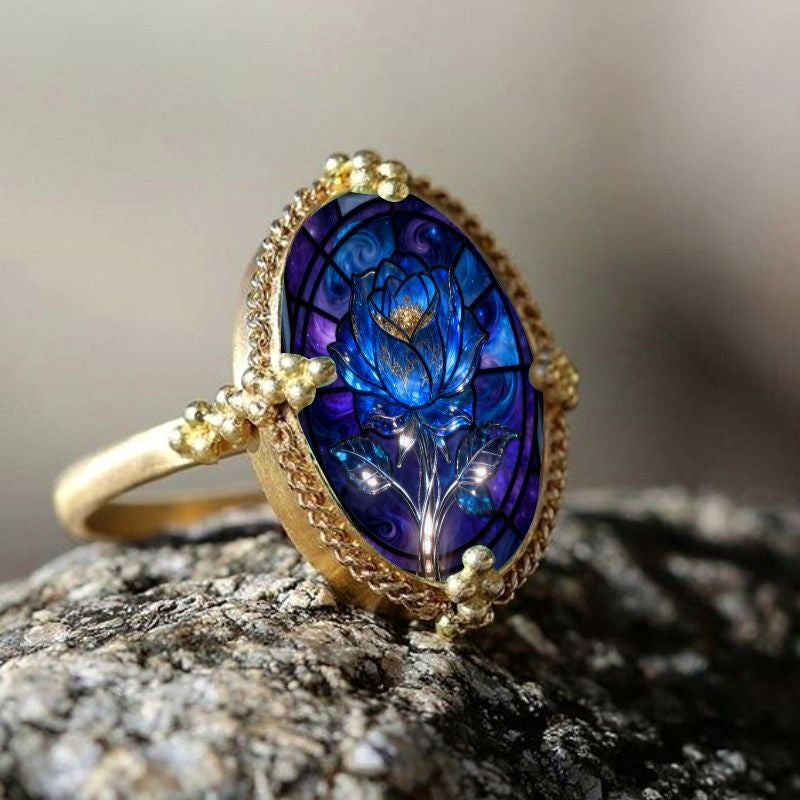 Blue Rose Stained Glass Oval Ring