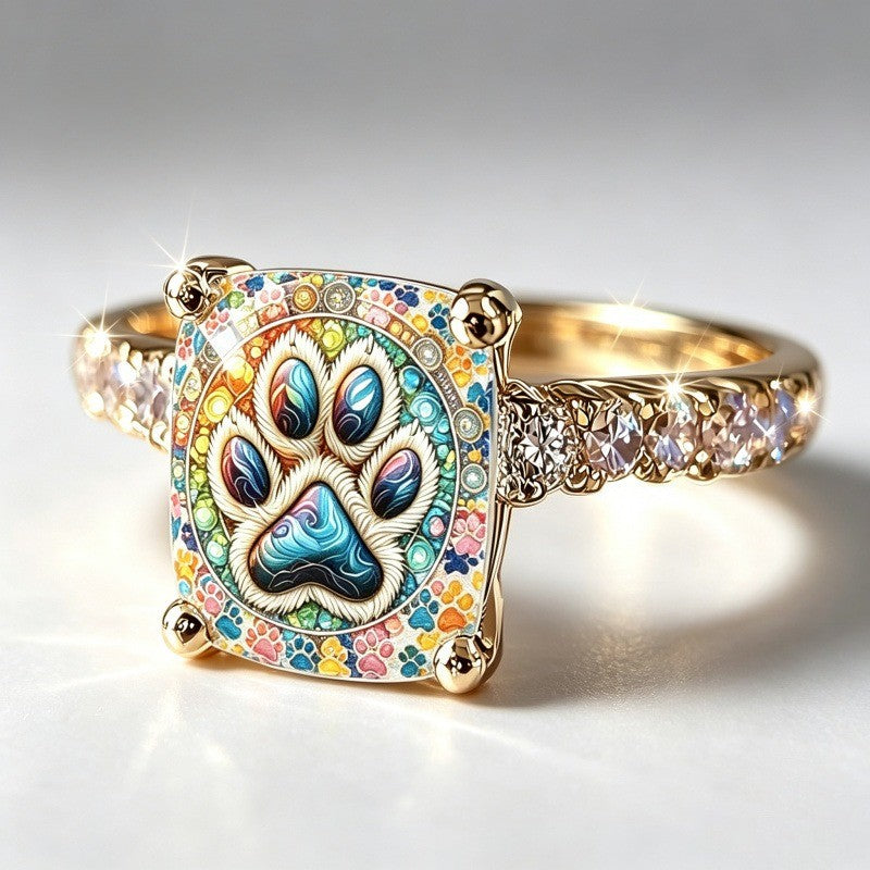 Colorful Paw Print Square Ring