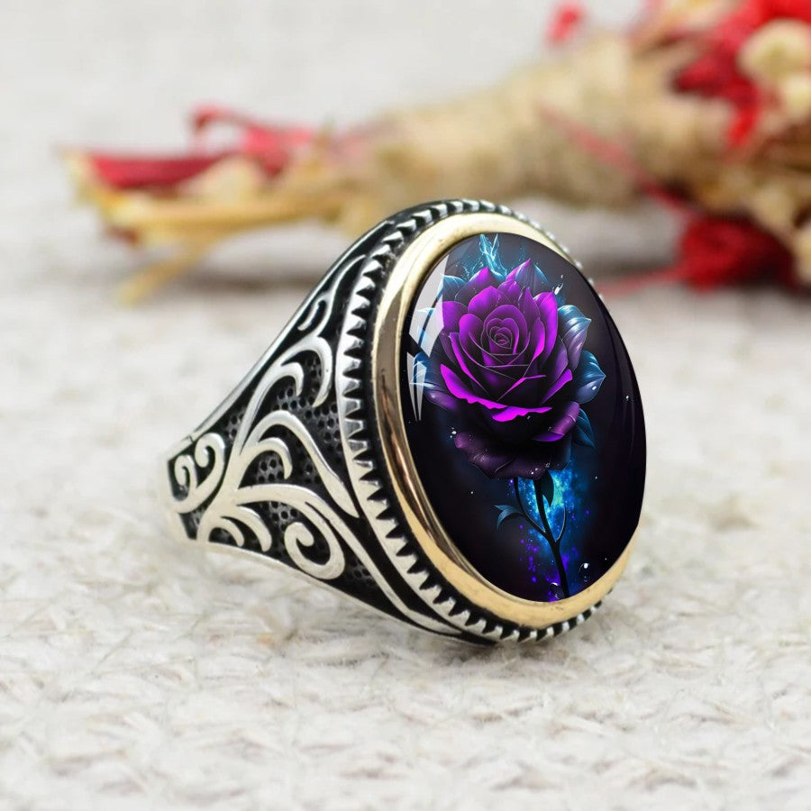 Purple Rose & Scrollwork Oval Ring