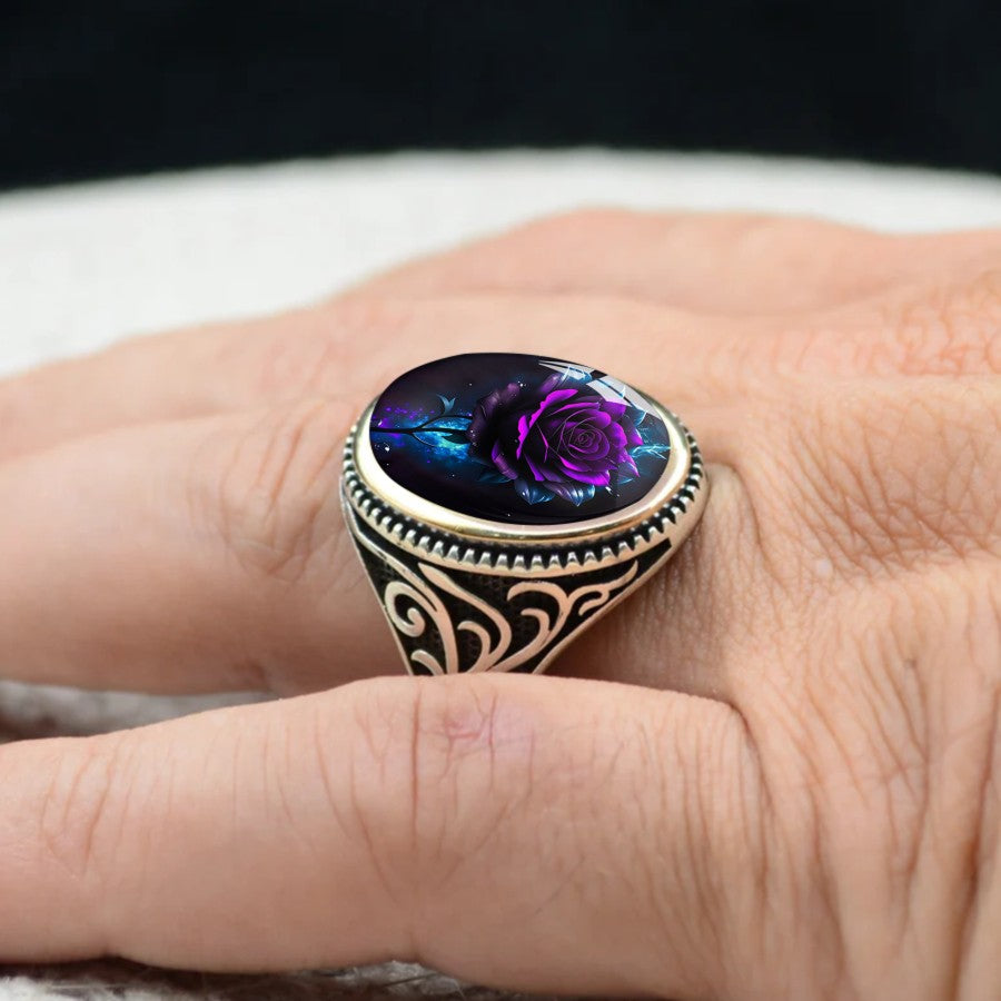 Purple Rose & Scrollwork Oval Ring