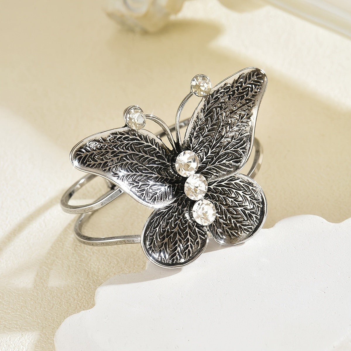 Textured Butterfly Crystal Cuff Bangle