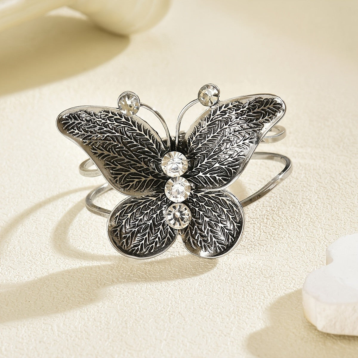 Textured Butterfly Crystal Cuff Bangle