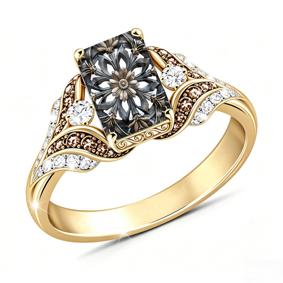 Ornate Floral Medallion Square Ring