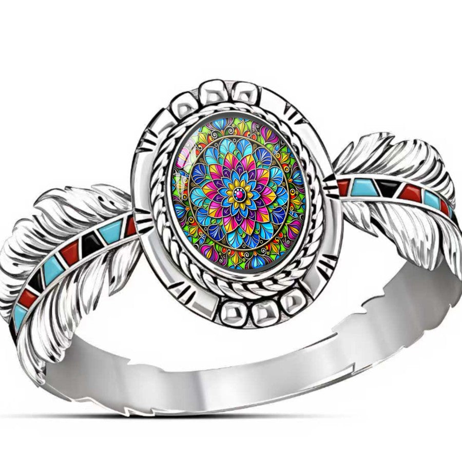 Colorful Mandala Feather Ring