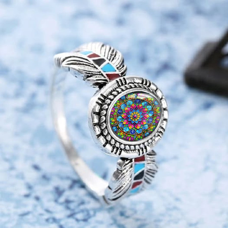 Colorful Mandala Feather Ring