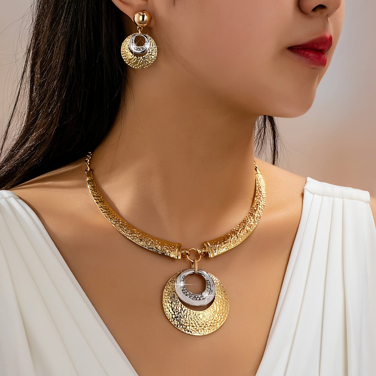 Textured Dual-Tone Disc Necklace & Earring Set