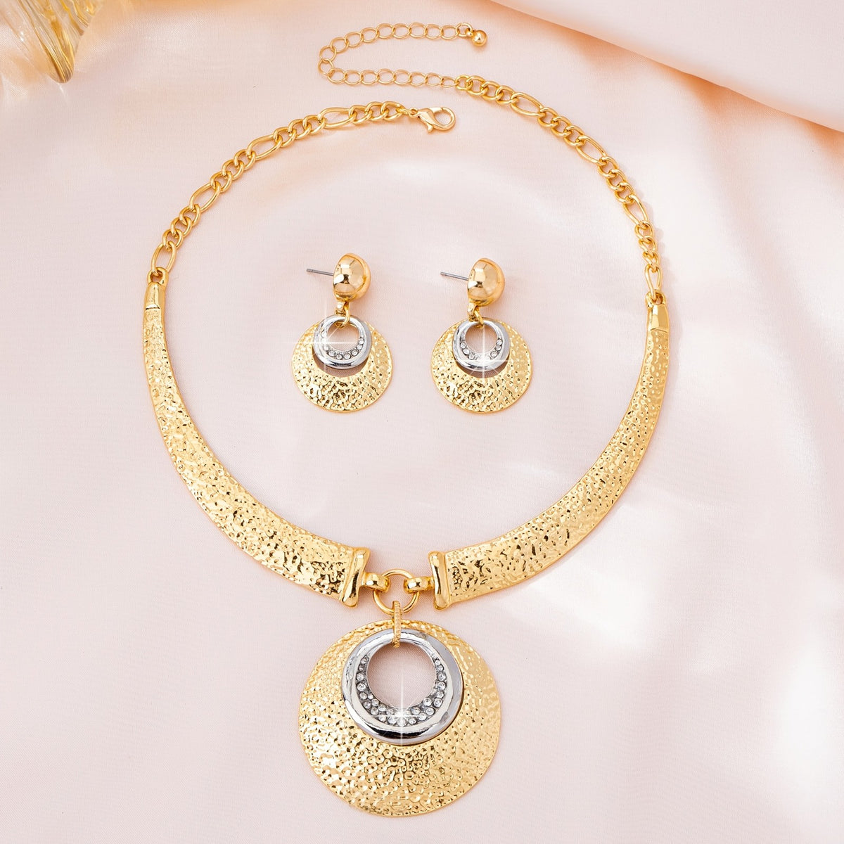 Textured Dual-Tone Disc Necklace & Earring Set