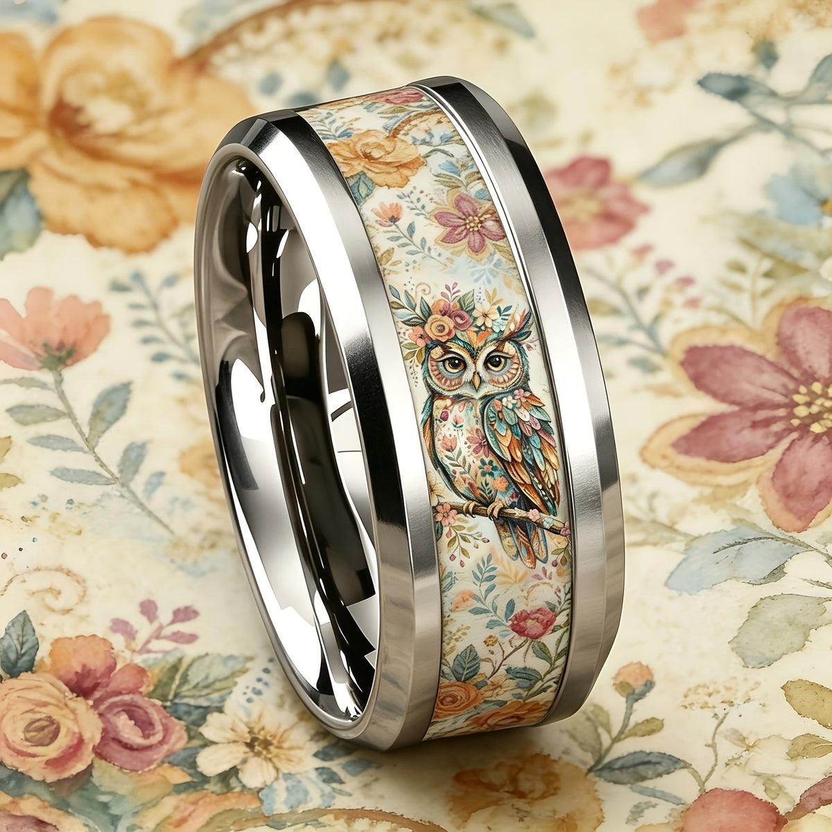 Floral Owl Inlay Ring