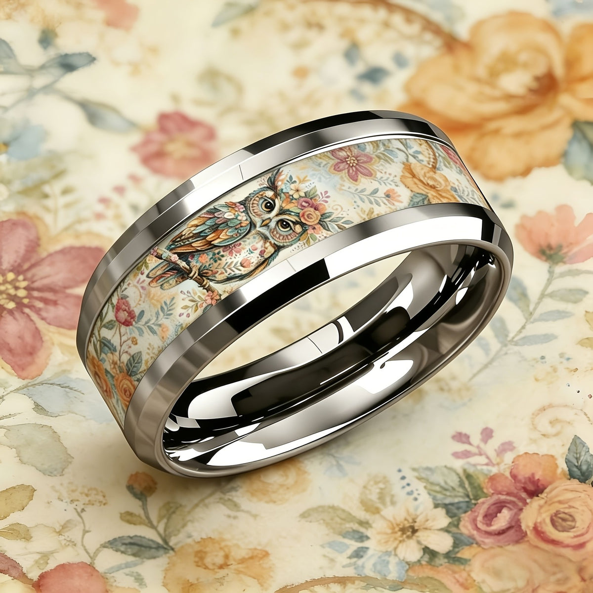 Floral Owl Inlay Ring