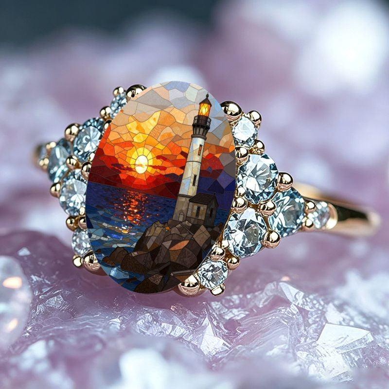 Lighthouse Sunset Mosaic Oval Ring