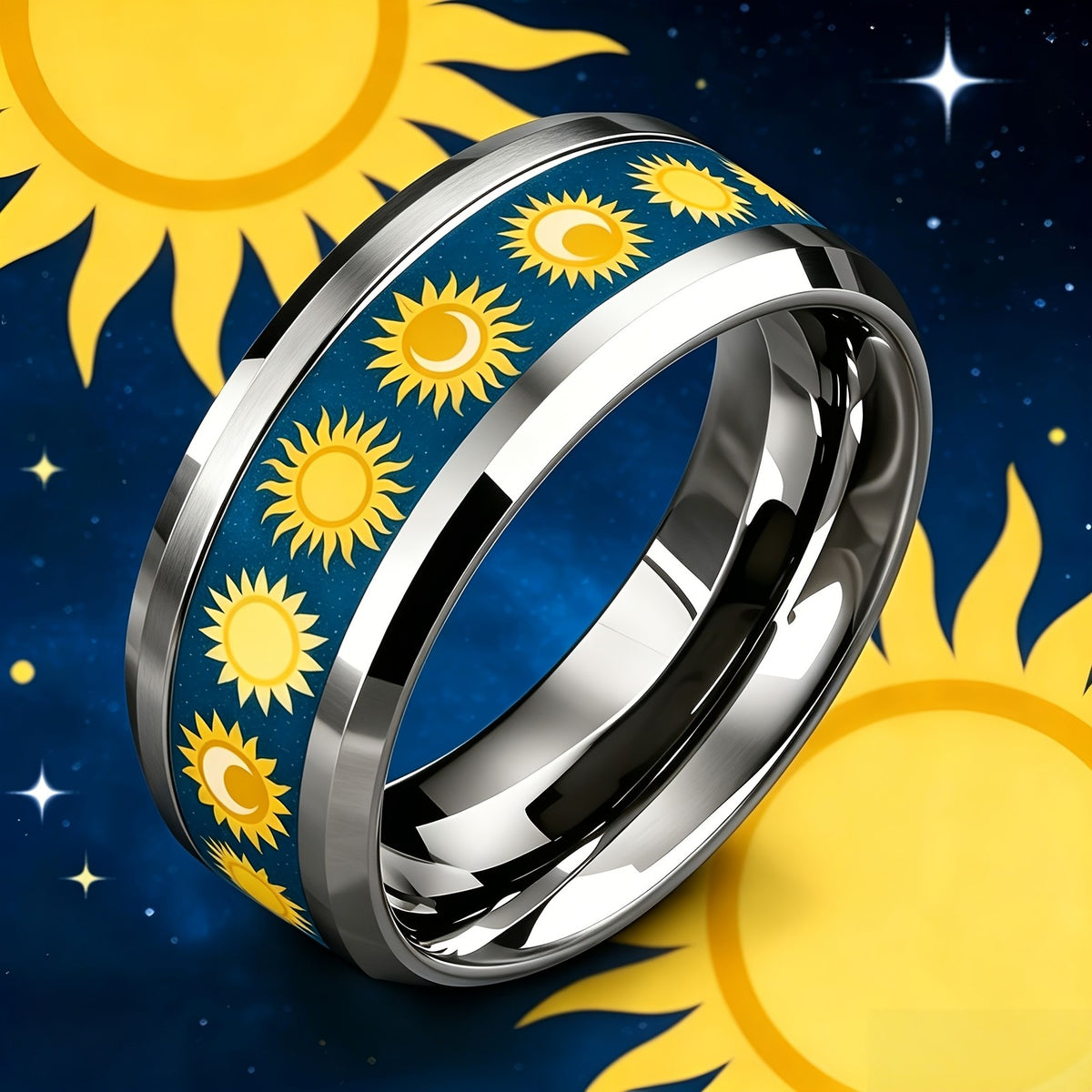 Blue Sun Inlay Stainless Steel Ring