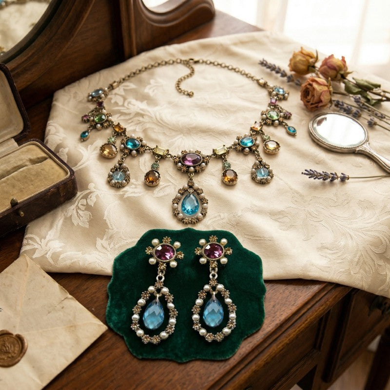 Multicolor Gemstone Water Drop Necklace & Earring Set