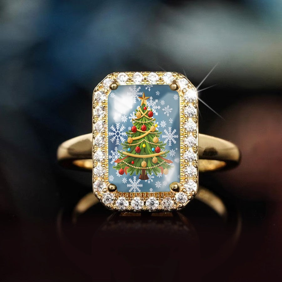 Snowflake Christmas Tree Rectangular Ring