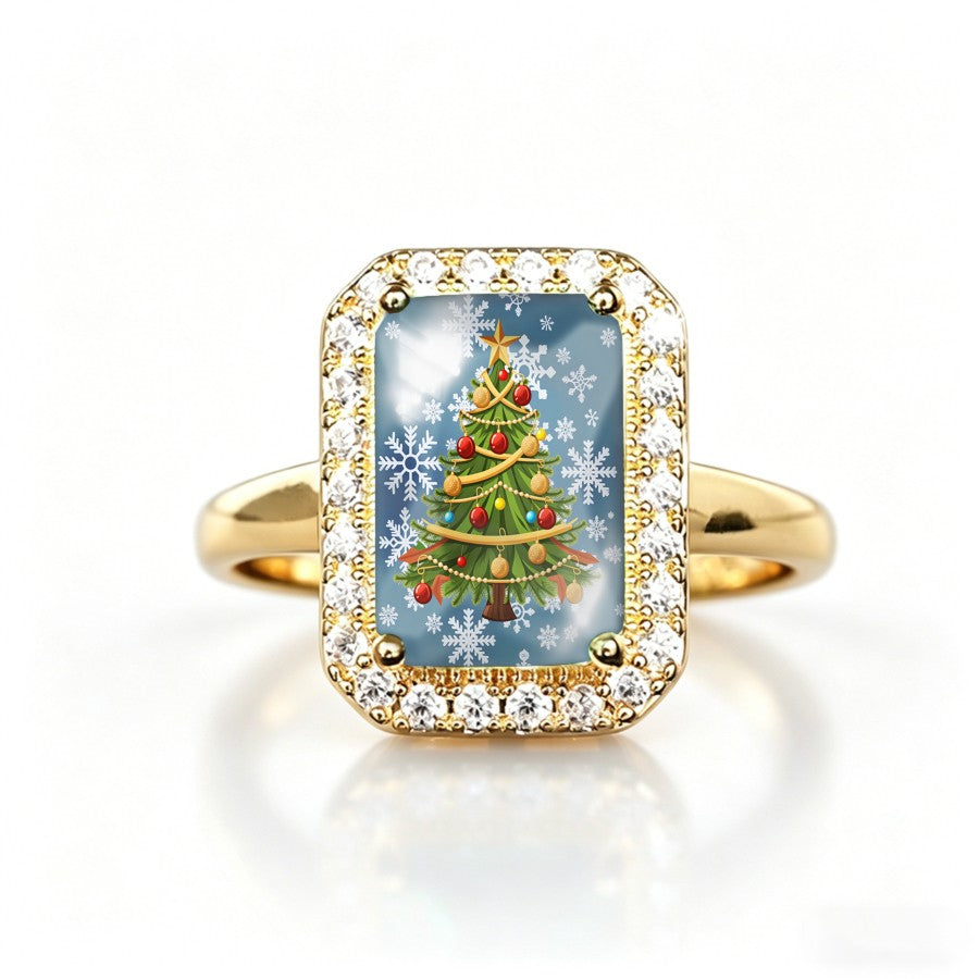 Snowflake Christmas Tree Rectangular Ring