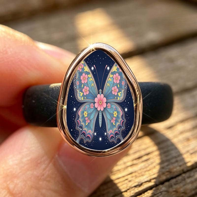 Starry Night Floral Butterfly Teardrop Ring