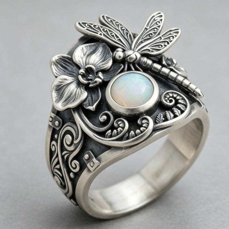 Dragonfly Floral Opal Ring