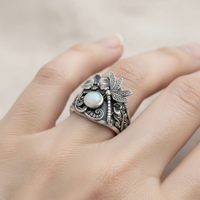 Dragonfly Floral Opal Ring