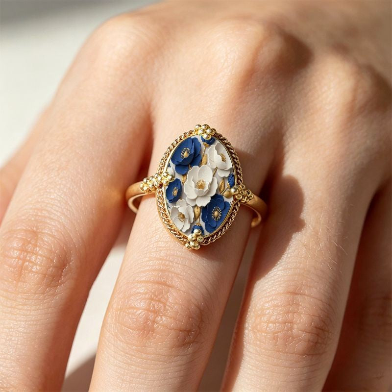 Blue & White Floral Oval Ring