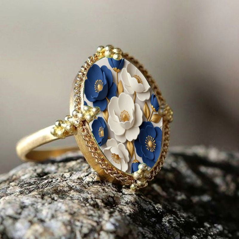 Blue & White Floral Oval Ring