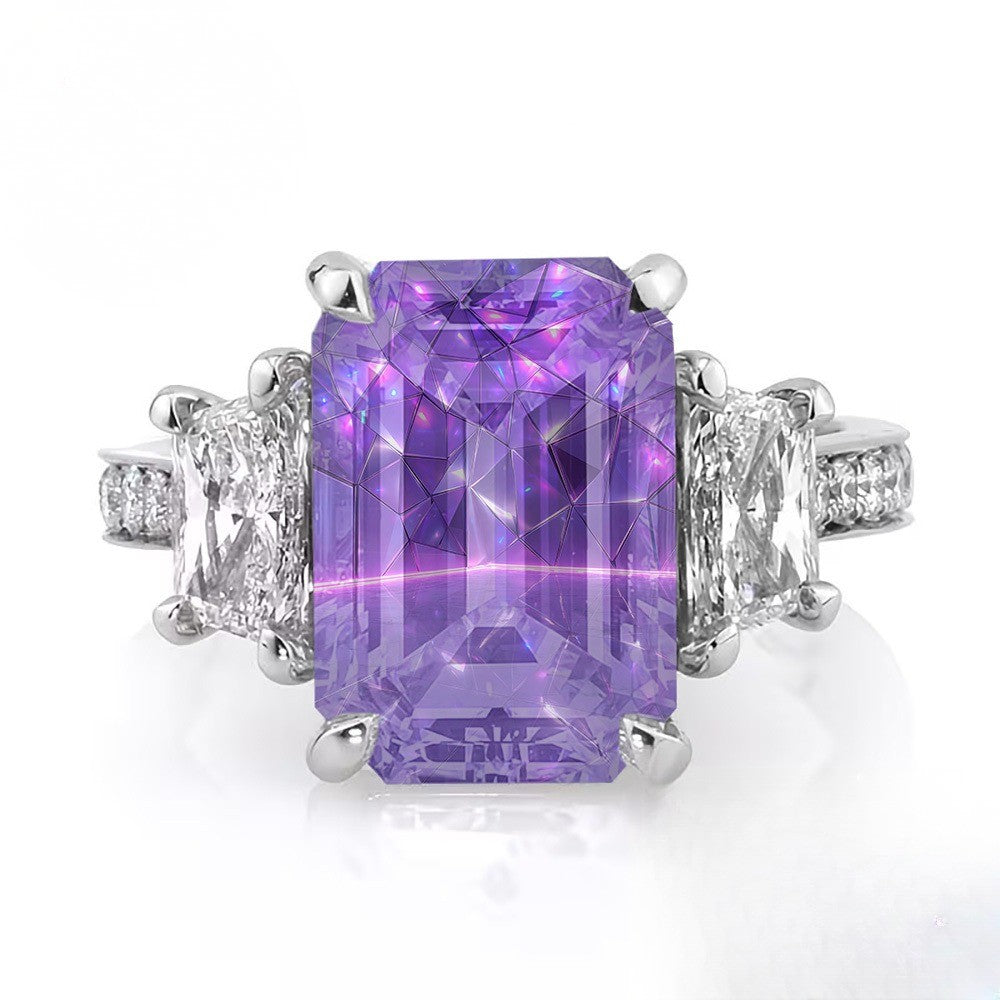 Purple Emerald Cut Three Stone Ring