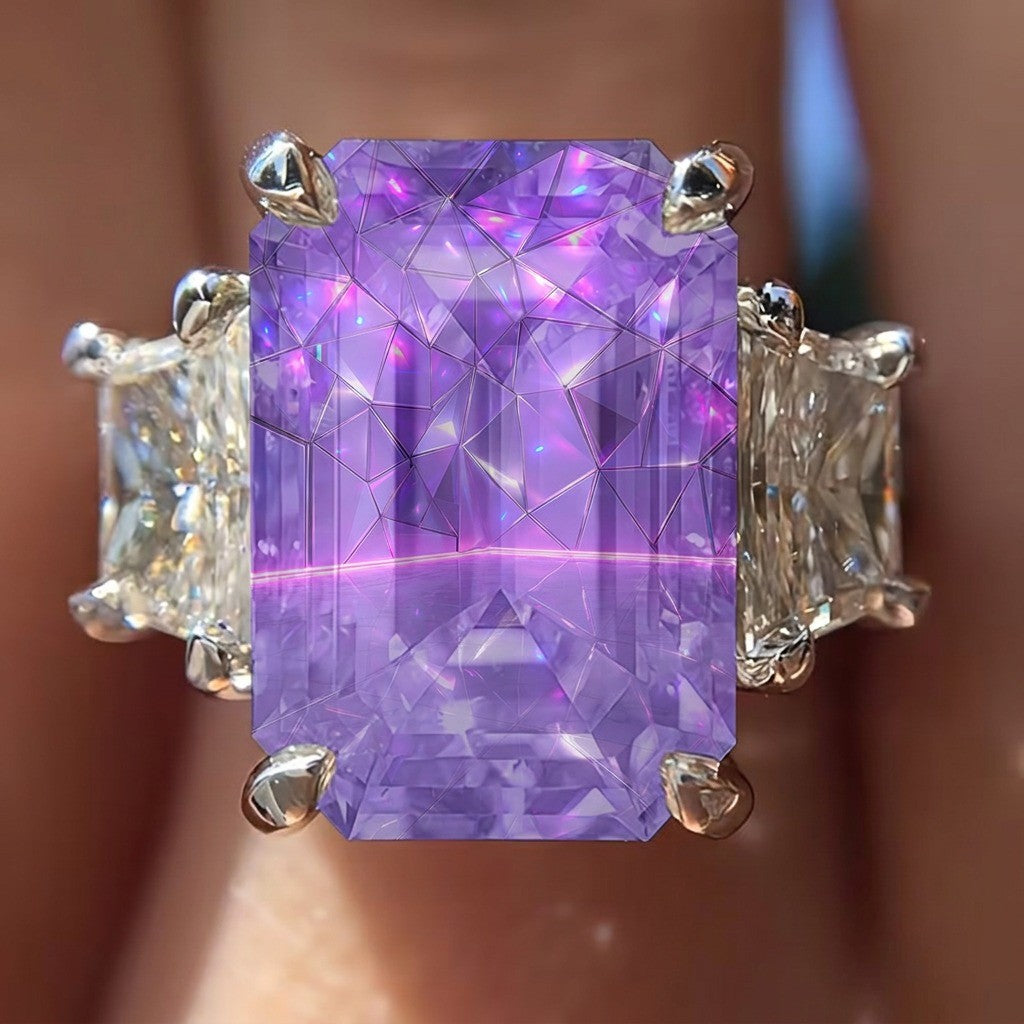 Purple Emerald Cut Three Stone Ring