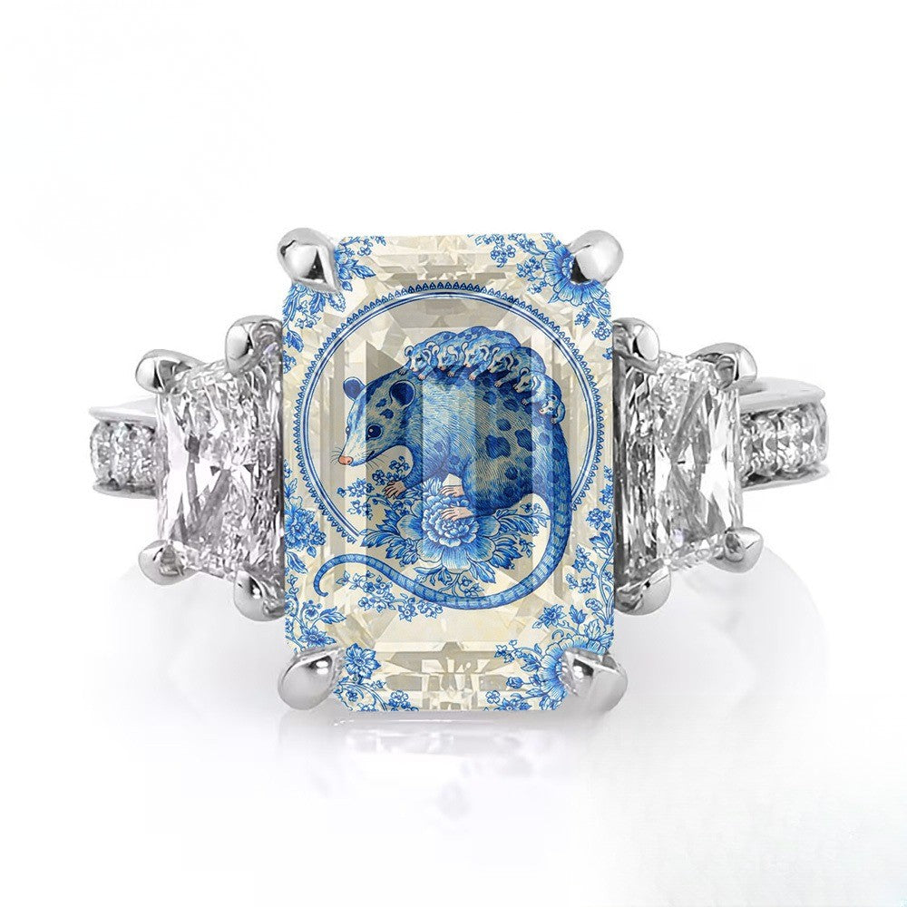 Blue Porcelain Opossum Square Ring