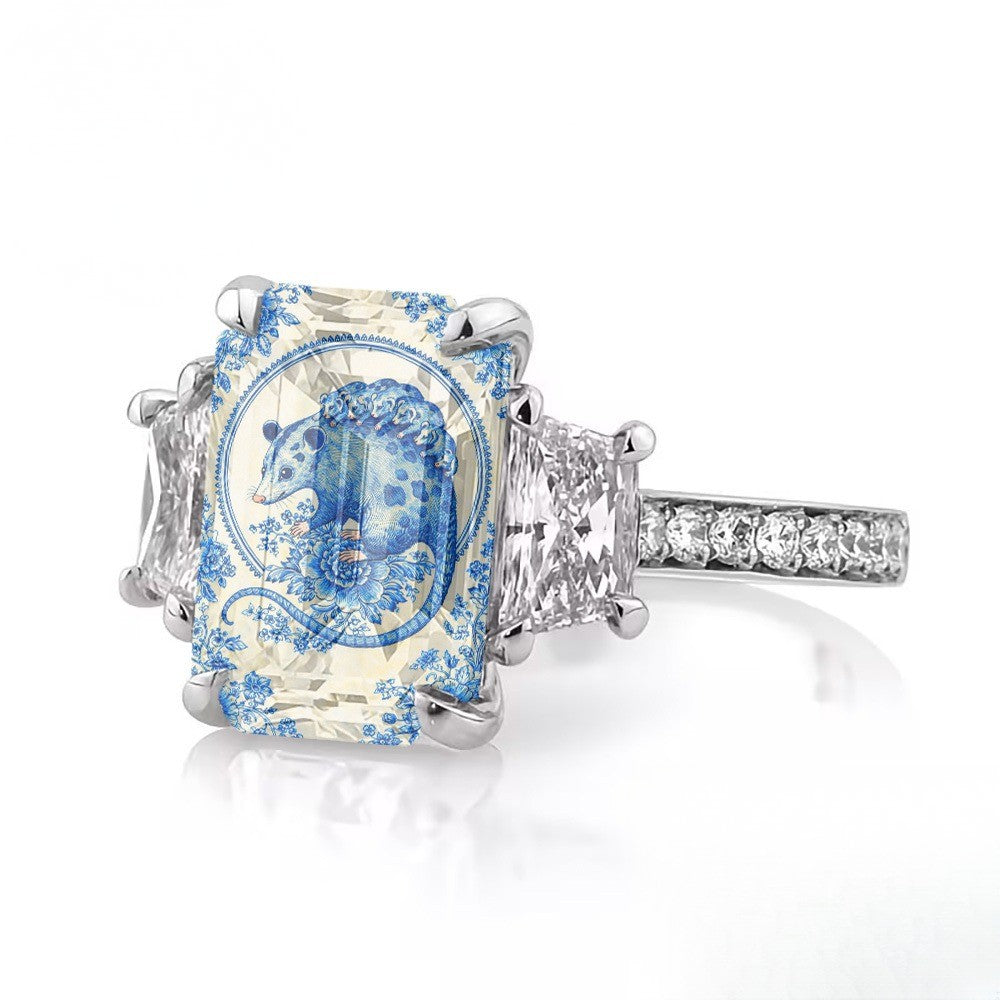 Blue Porcelain Opossum Square Ring
