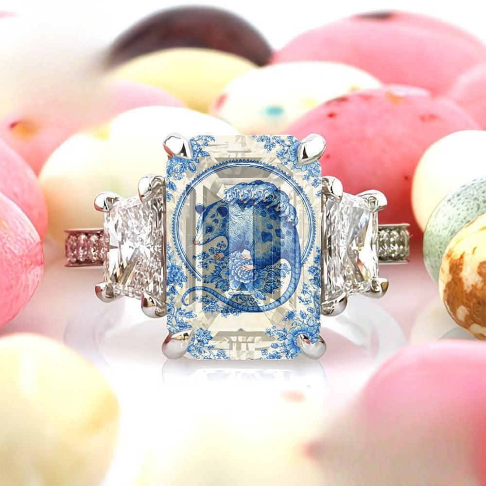 Blue Porcelain Opossum Square Ring