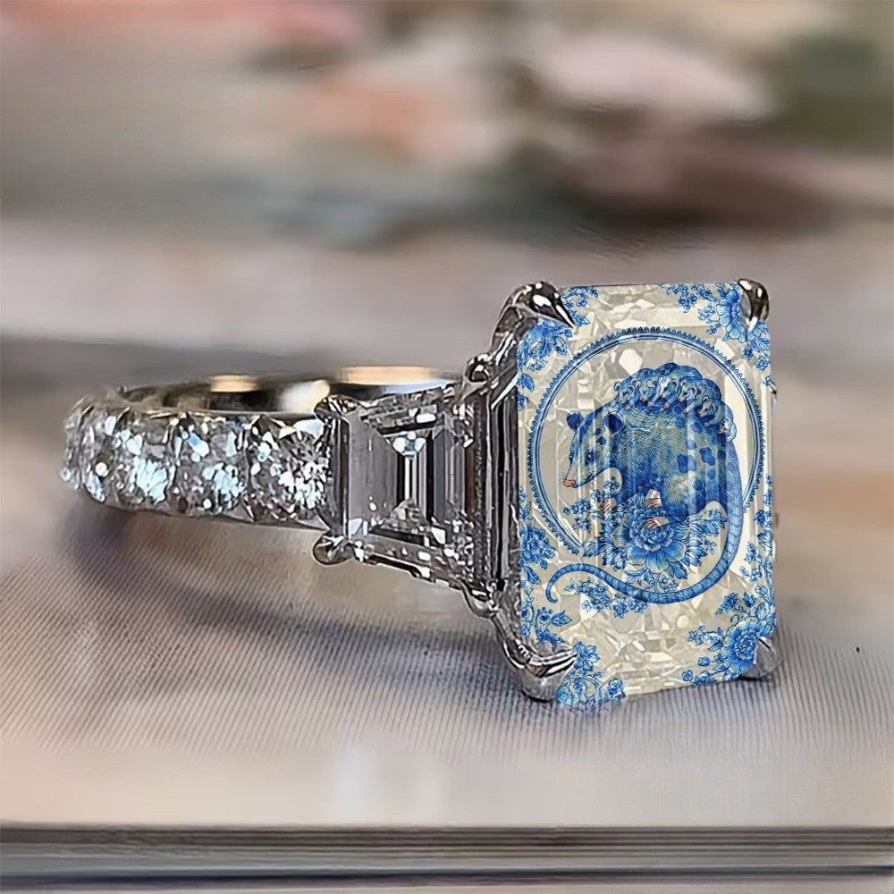 Blue Porcelain Opossum Square Ring